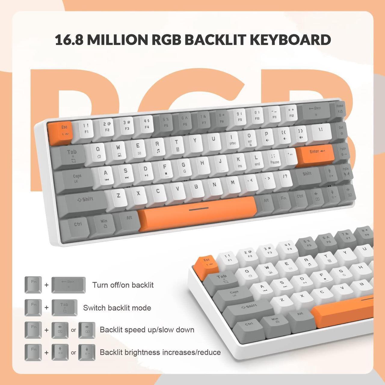 Alt view image 4 of 7 - ZIYOU LANG RK-T8 Wired 65% Mechanical Gaming Keyboard with RGB LED Backlit Anti-ghosting TKL Mini 68 Key Custom Coiled C to A Cable Linear Red Switch for PS4 PS5 Xbox PC Mac Gamer(Gray/White/Orange)