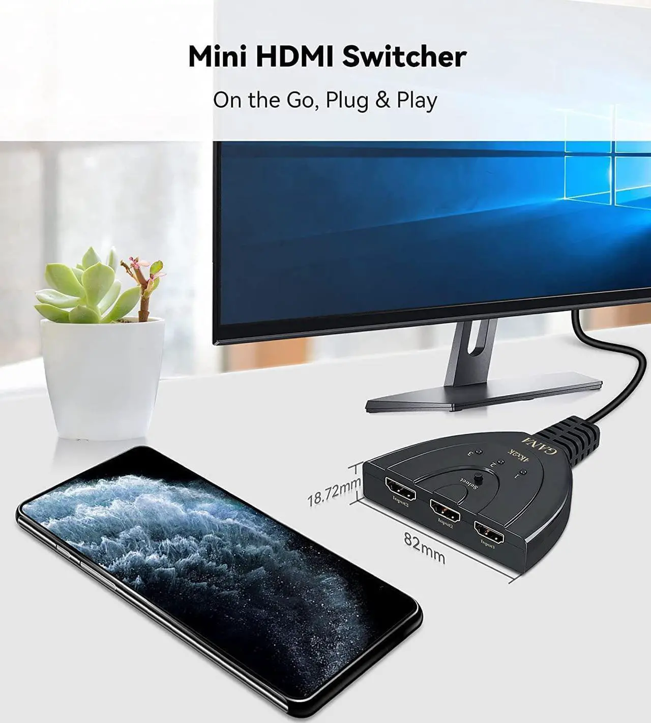 Alt view image 5 of 6 - HDMI Switch, GANA 4K HDMI Splitter 3 in 1 Out, 3-Port HDMI Switcher Selector with Pigtail HDMI Cable,Supports Full HD 4K 1080P 3D Player, HDMI Hub Compatible with Fire Stick,HDTV,PS4 Game Consoles,PC