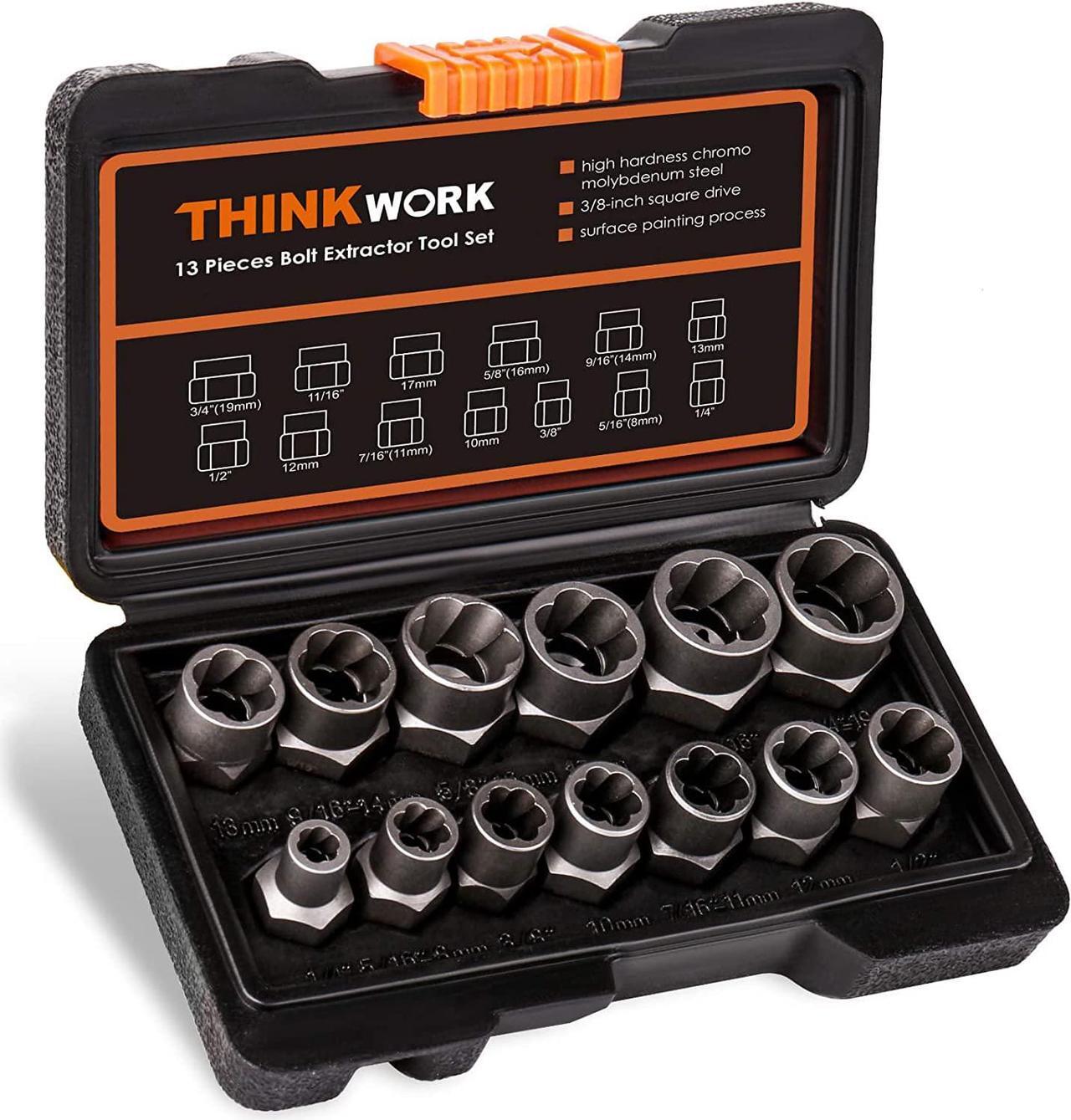 Main image of THINKWORK Bolt Extractor Set, 13+1 Pieces Impact & Nut Remover Stripped Lug Remover, Extraction Socket Set for Removing Damaged, Frozen, Rusted, Rounded-Off Bolts, Nuts Screws