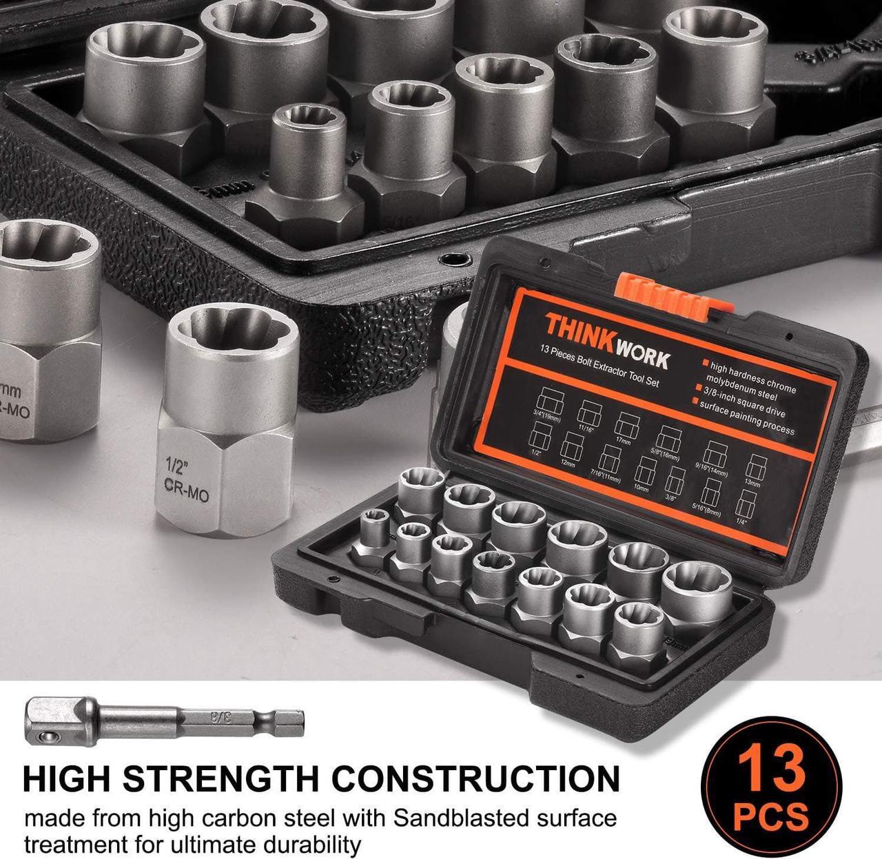 Alt view image 2 of 7 - THINKWORK Bolt Extractor Set, 13+1 Pieces Impact & Nut Remover Stripped Lug Remover, Extraction Socket Set for Removing Damaged, Frozen, Rusted, Rounded-Off Bolts, Nuts Screws