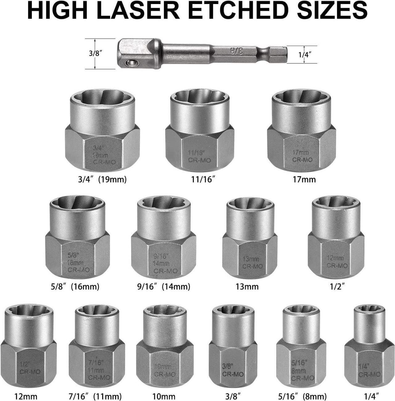 Alt view image 6 of 7 - THINKWORK Bolt Extractor Set, 13+1 Pieces Impact & Nut Remover Stripped Lug Remover, Extraction Socket Set for Removing Damaged, Frozen, Rusted, Rounded-Off Bolts, Nuts Screws