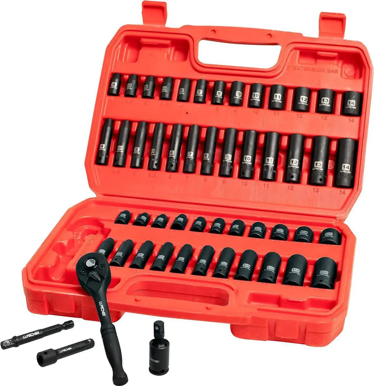 Main image of LLNDEI 1/4Drive Impact Socket Set, 52 PCS Mechanic Tool Set with 72-Tooth Ratchet & Adapter, CR-V, Metric and SAE Sockets Storage Kit for Household Automotive Repair DIY Project