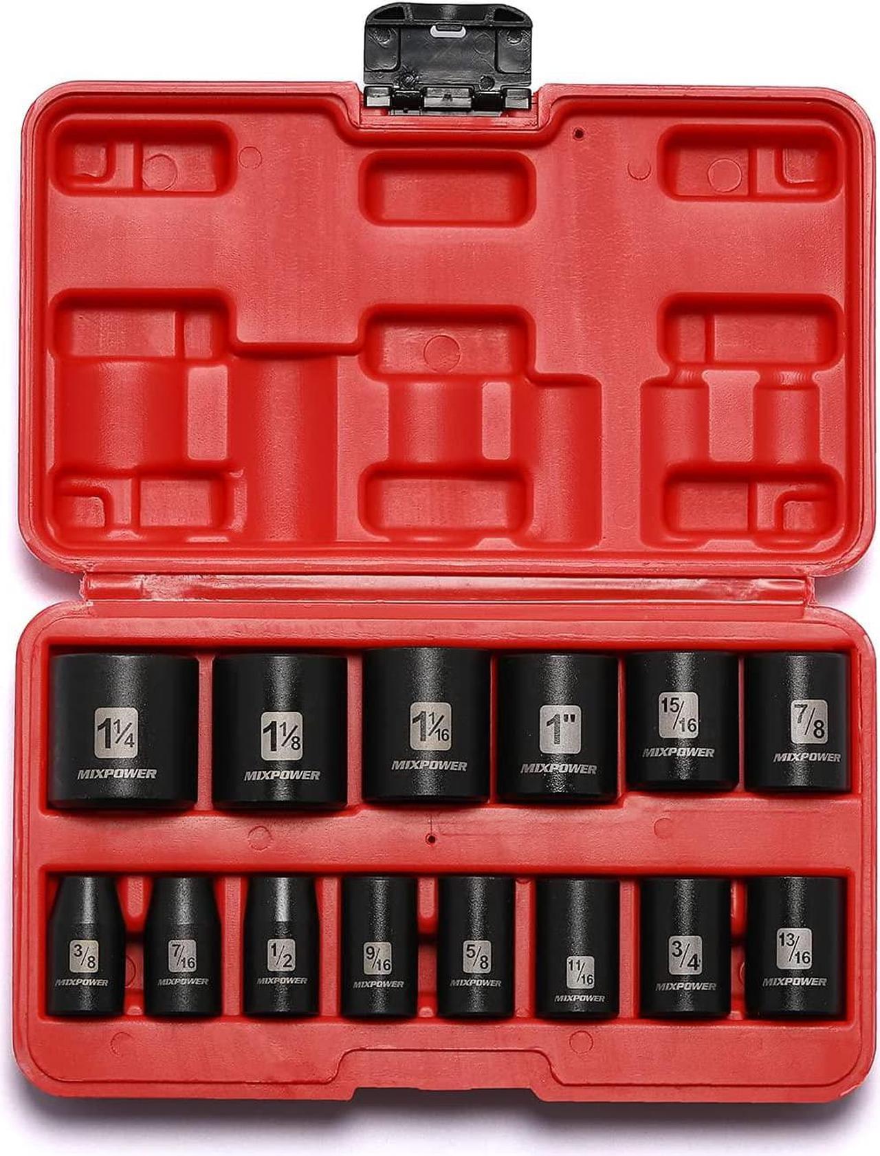 MIXPOWER 14 Pieces 1/2-Inch Drive Shallow Impact Socket Set, 3/8-Inch to 1-1/4 Inch, CR-V, SAE, 6 Point, Shallow, 14 Pieces 1/2" Dr. Shallow Socket