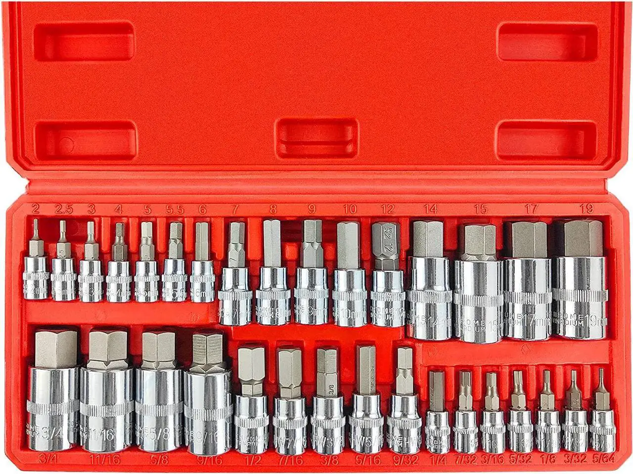 Main image of 32pcs Master Hex Bit Socket Set, Allen Socket Set, 1/4'', 3/8', 1/2'' Hex Drive Sockets, SAE and Metric, 5/64 Inch to 3/4 Inch and 2mm to 19mm, S2 Steel & Cr-V Steel