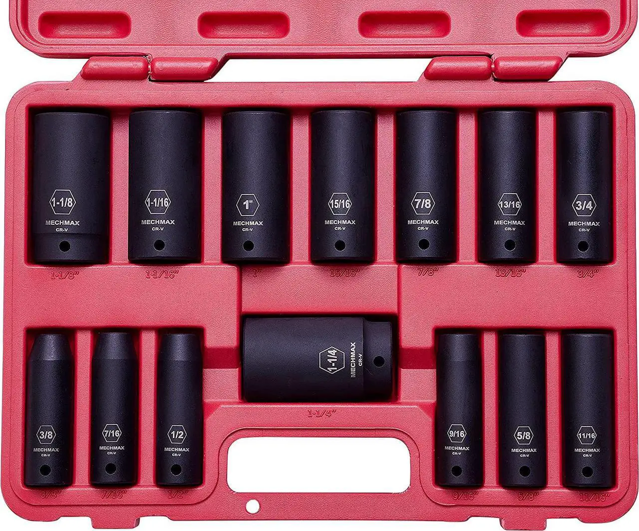 Main image of Impact Socket Set 1/2 Inch Drive Deep SAE Sizes 14 Piece, 3/8-1-1/4 Inch 6 Point Chrome Vanadium Steel Black Phosphate Finish with Tool Box Storage Case