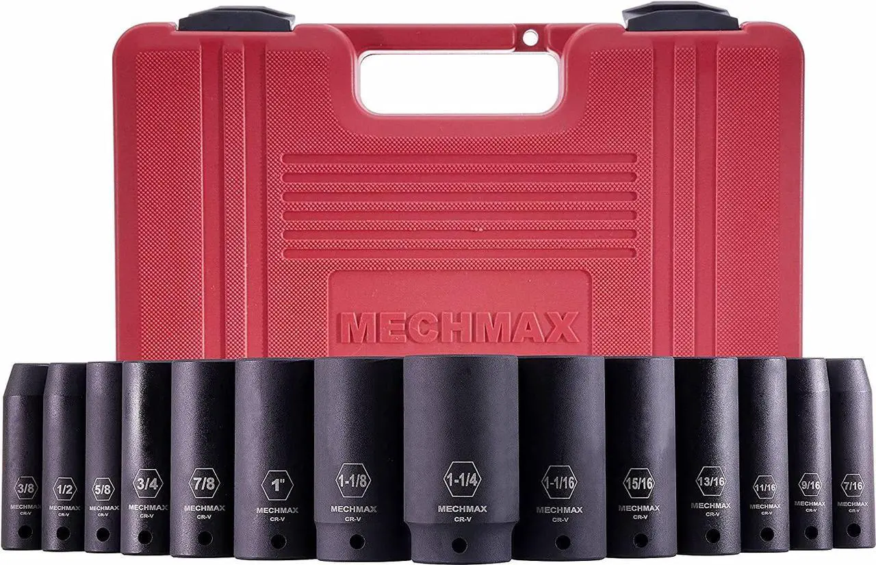Alt view image 3 of 7 - Impact Socket Set 1/2 Inch Drive Deep SAE Sizes 14 Piece, 3/8-1-1/4 Inch 6 Point Chrome Vanadium Steel Black Phosphate Finish with Tool Box Storage Case