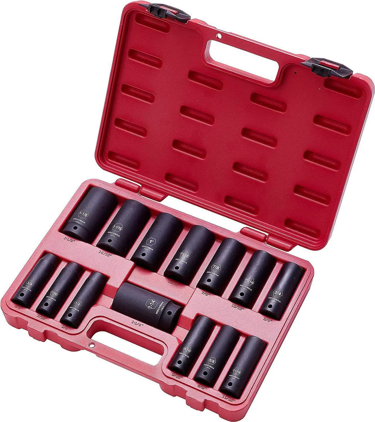 Alt view image 2 of 7 - Impact Socket Set 1/2 Inch Drive Deep SAE Sizes 14 Piece, 3/8-1-1/4 Inch 6 Point Chrome Vanadium Steel Black Phosphate Finish with Tool Box Storage Case