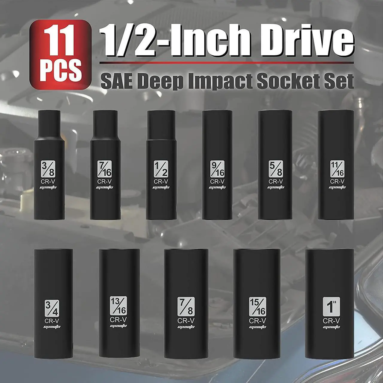 Alt view image 3 of 7 - EPAuto 1/2-Inch Drive SAE Deep Impact Socket Set, Cr-V, 6 Points, 11 Sockets