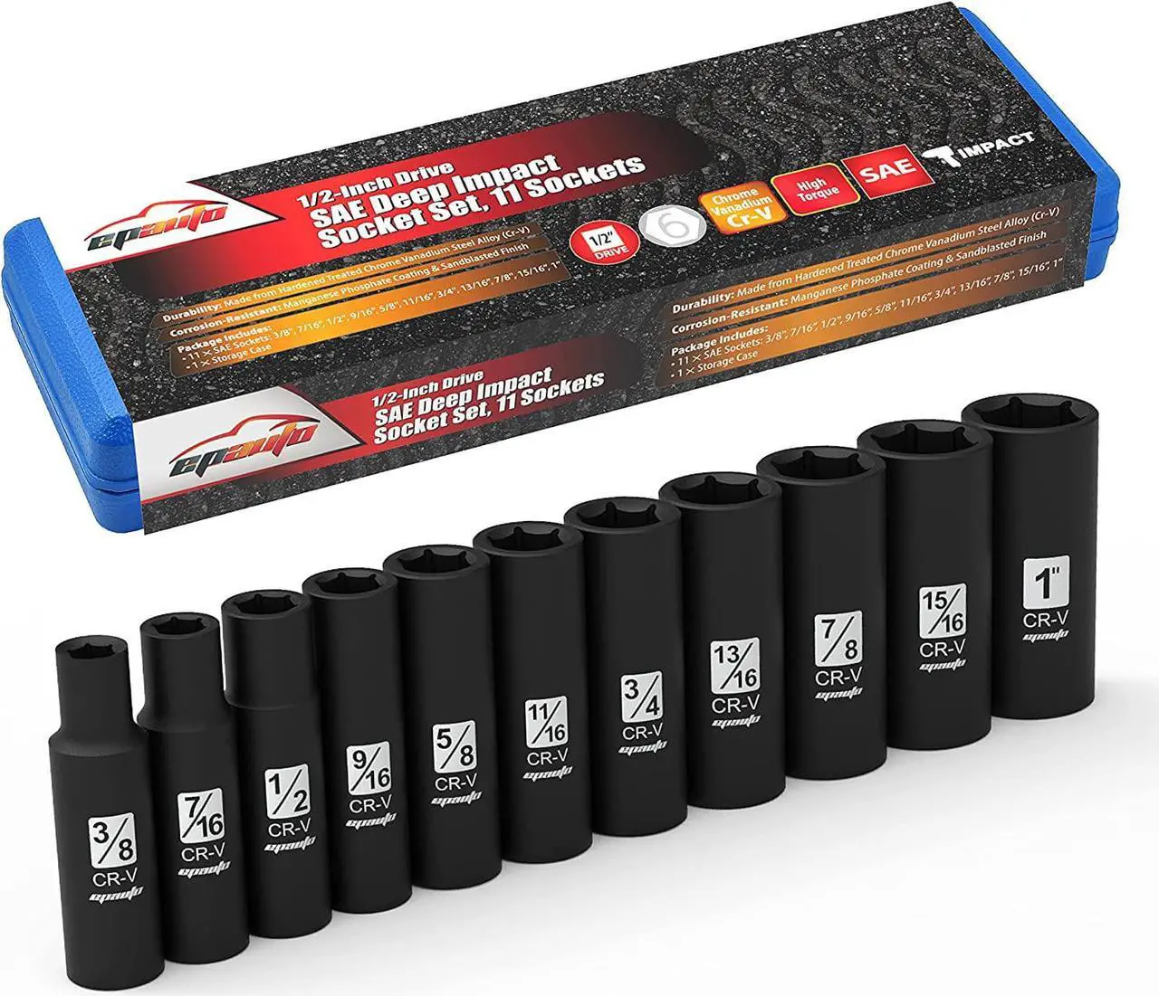 Alt view image 7 of 7 - EPAuto 1/2-Inch Drive SAE Deep Impact Socket Set, Cr-V, 6 Points, 11 Sockets
