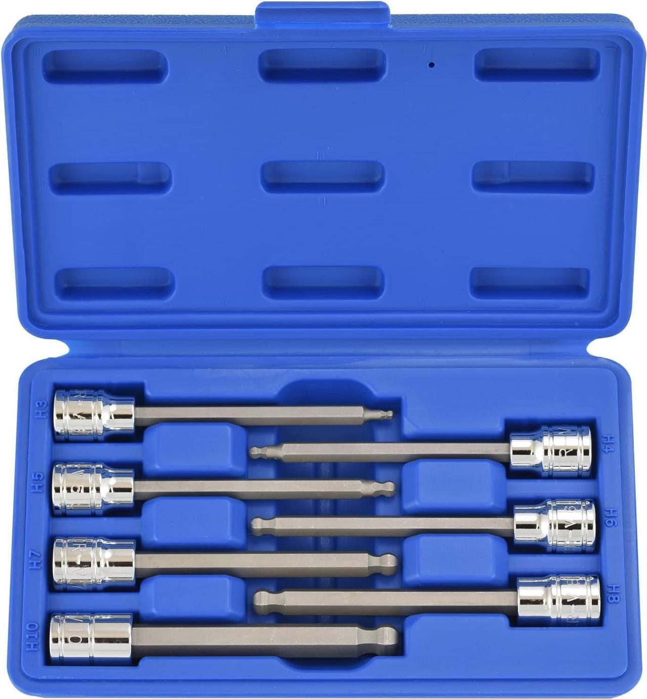 NEIKO 10243A 3/8-Inch-Drive Extra-Long Ball-End Hex-Bit Socket Set, Metric Sockets 3/8" or 3 to 10 mm, S2 Steel, 7-Piece Set