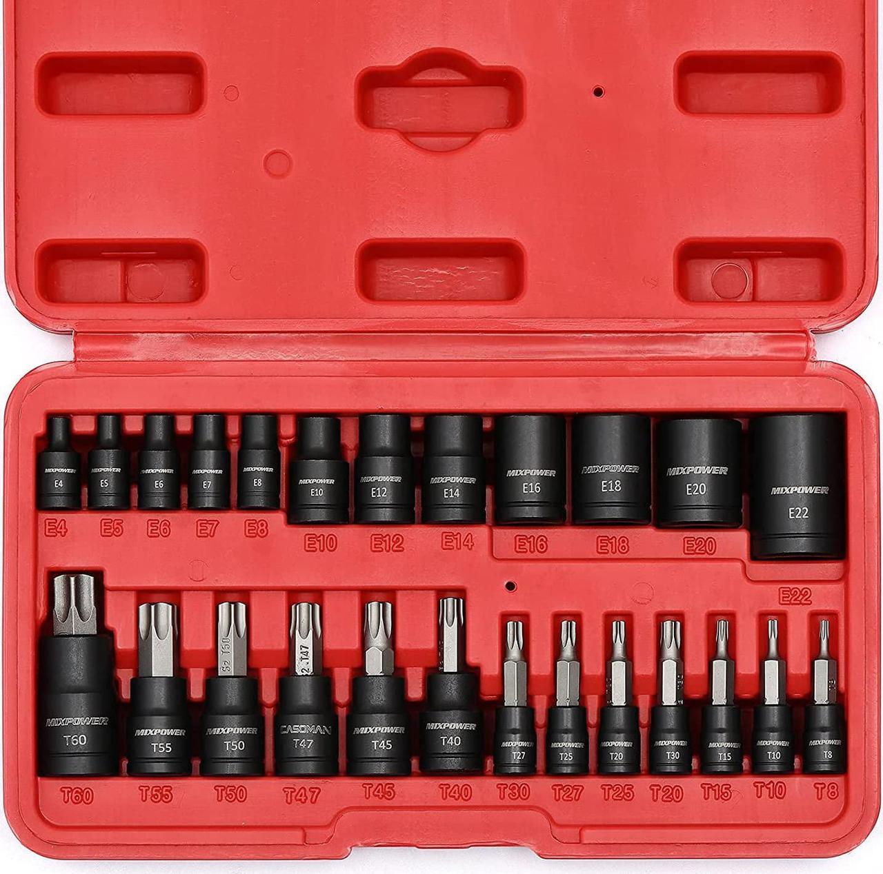 MIXPOWER 25 Piece Torx Bit Socket and Female External Socket Set, 13 Star Socket Bits (T8- T60)& 12 Female E-Torx Sockets (E4-E22), Professional Grade Auto & Motorcycle Mechanic Socket Set