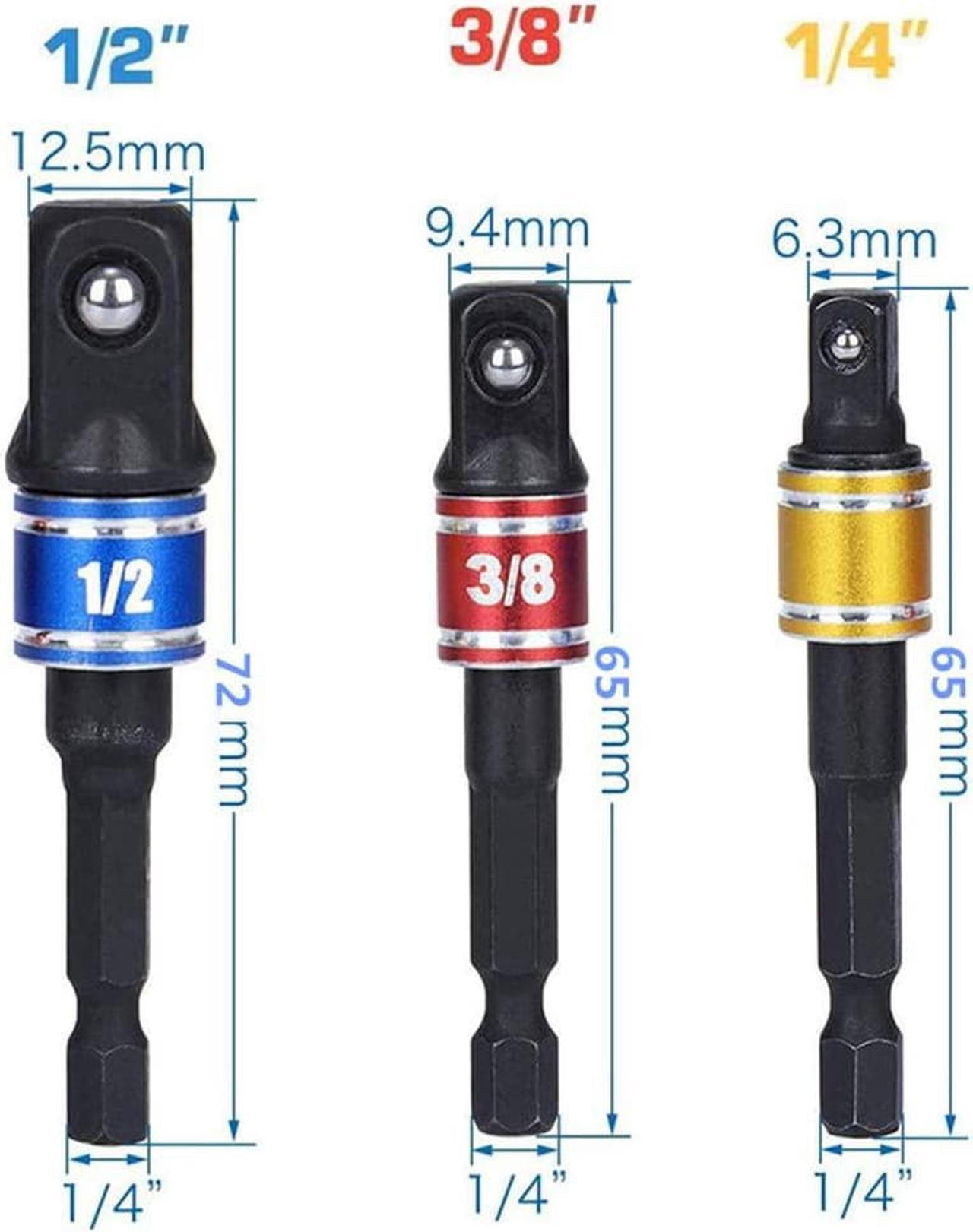 Alt view image 3 of 7 - Impact Grade Driver Sockets Adapter Extension Set Drill Bit 3Pcs 1/4 3/8 1/2" Universal Socket Adapter Set and Right Angle Drill 105 Degree Right Angle Screwdriver set Drill Hex Bit Socket Adapter