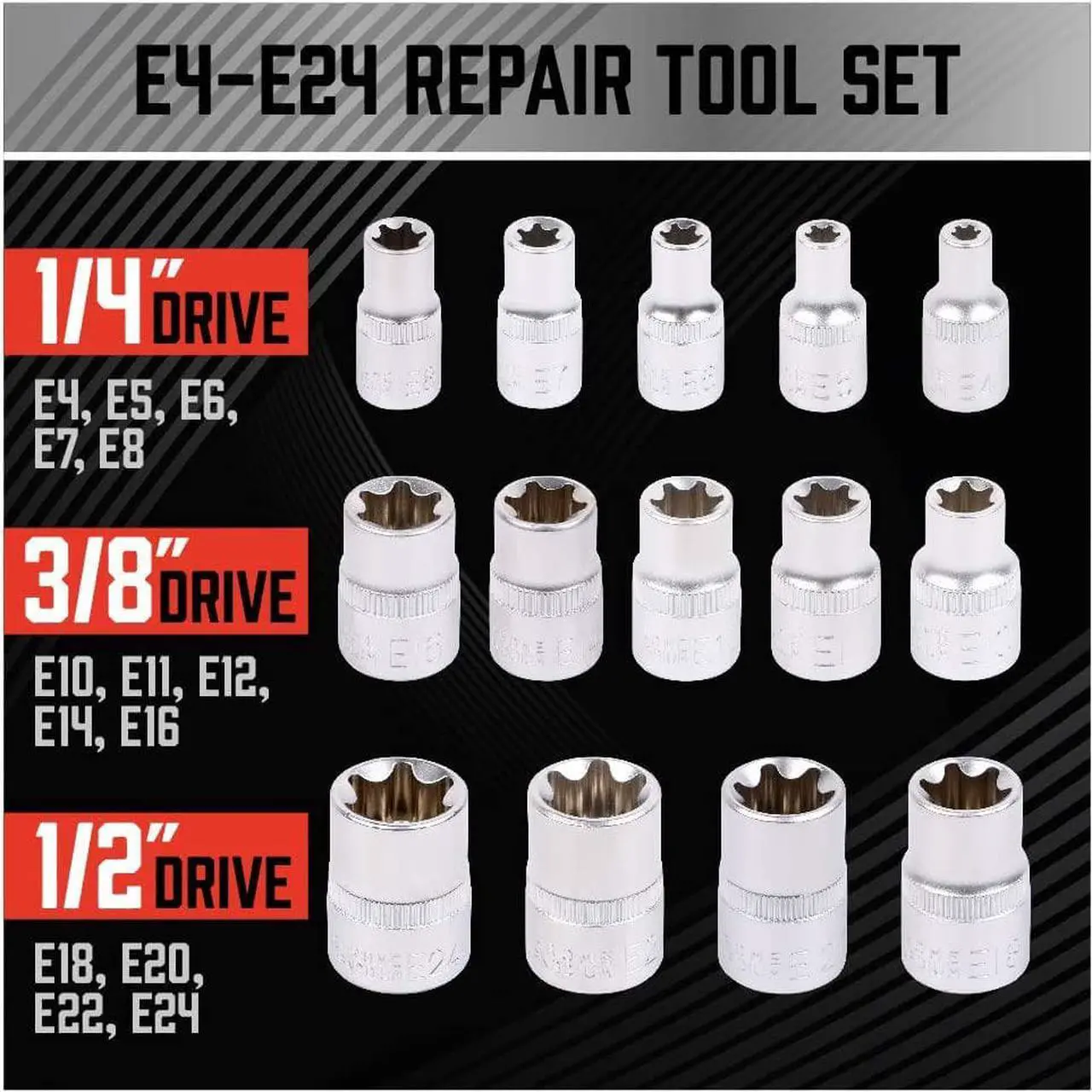 Alt view image 2 of 6 - SEDY 14-Piece E-TORX Socket Set - Premium Female Torx Socket Set, Ultimate Star Socket Set, Torque Socket Set, External Torx Socket Set, E4 E5 E6 E7 E8 E10 E11 E12 E14 E16 E18 E20 E22 E24 Socket Set