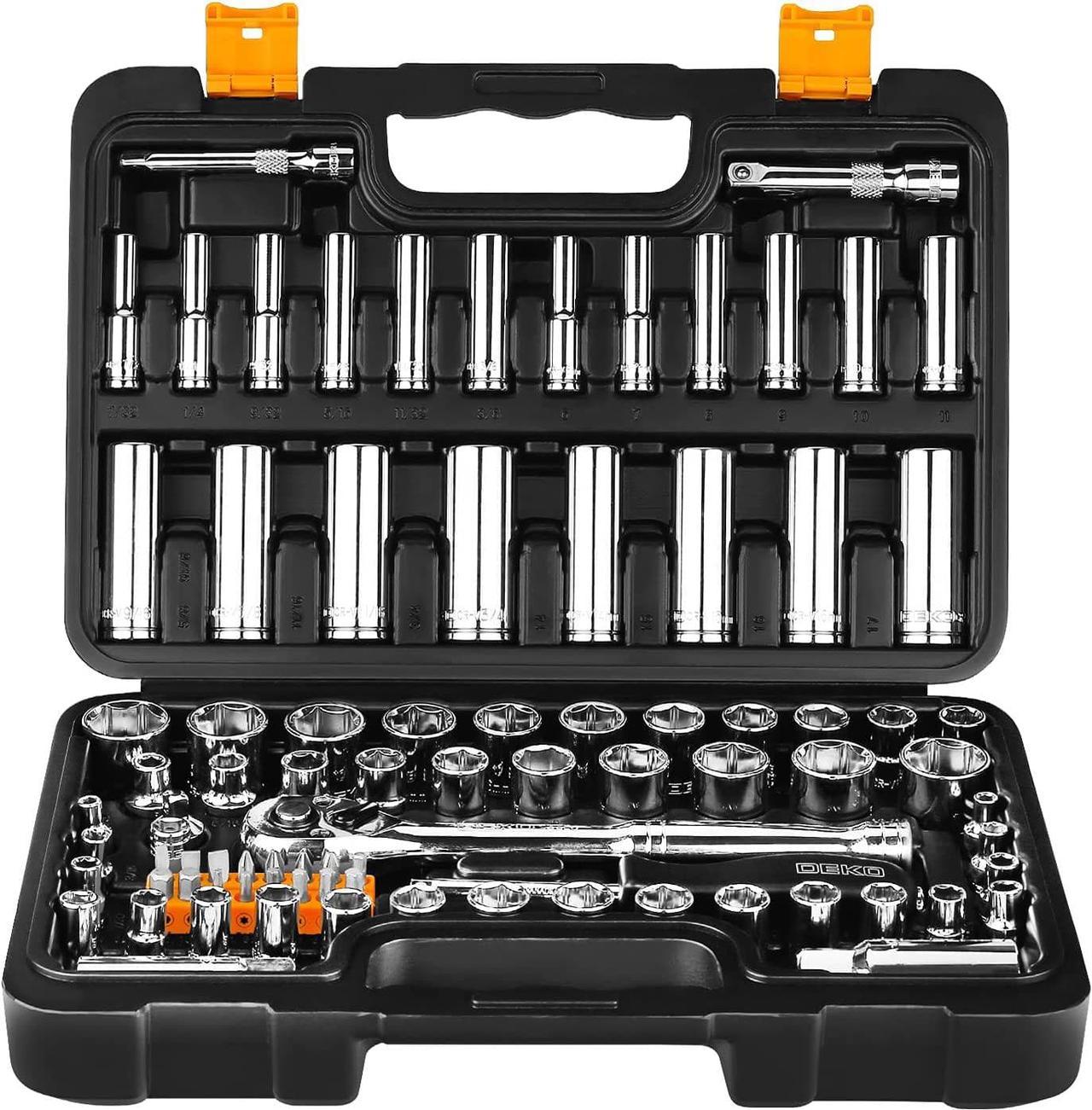 DEKOPRO Socket Set, 85-Piece 1/4" and 3/8" Drive Socket Wrench Set with Quick-Release Ratchet,Metric and SAE,Spinner Handle,Adaptor,Screwdriver Set,Extension,for Auto Repairing & Household