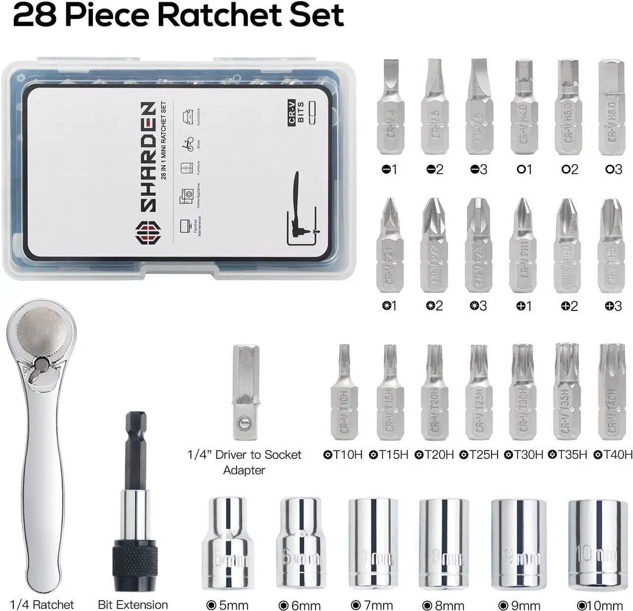 Alt view image 4 of 7 - SHARDEN 1/4 Mini Ratchet Set 28pcs Right Angle Screwdriver and Bit with Metric Socket Set, 72 Tooth Small Ratcheting Wrench Offset Screwdriver Low Profile Stubby Ratchet for Tight Spaces