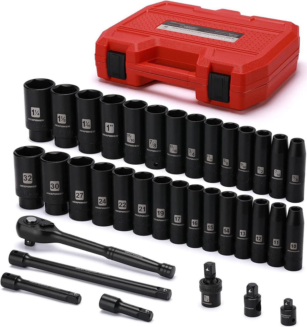 MIXPOWER 36-Piece 1/2-Inch Drive Deep Impact Socket Master Set with 10-inch Quick-Release Ratchet Handle & Accessories, Deep, SAE and Metric, CR-V Steel