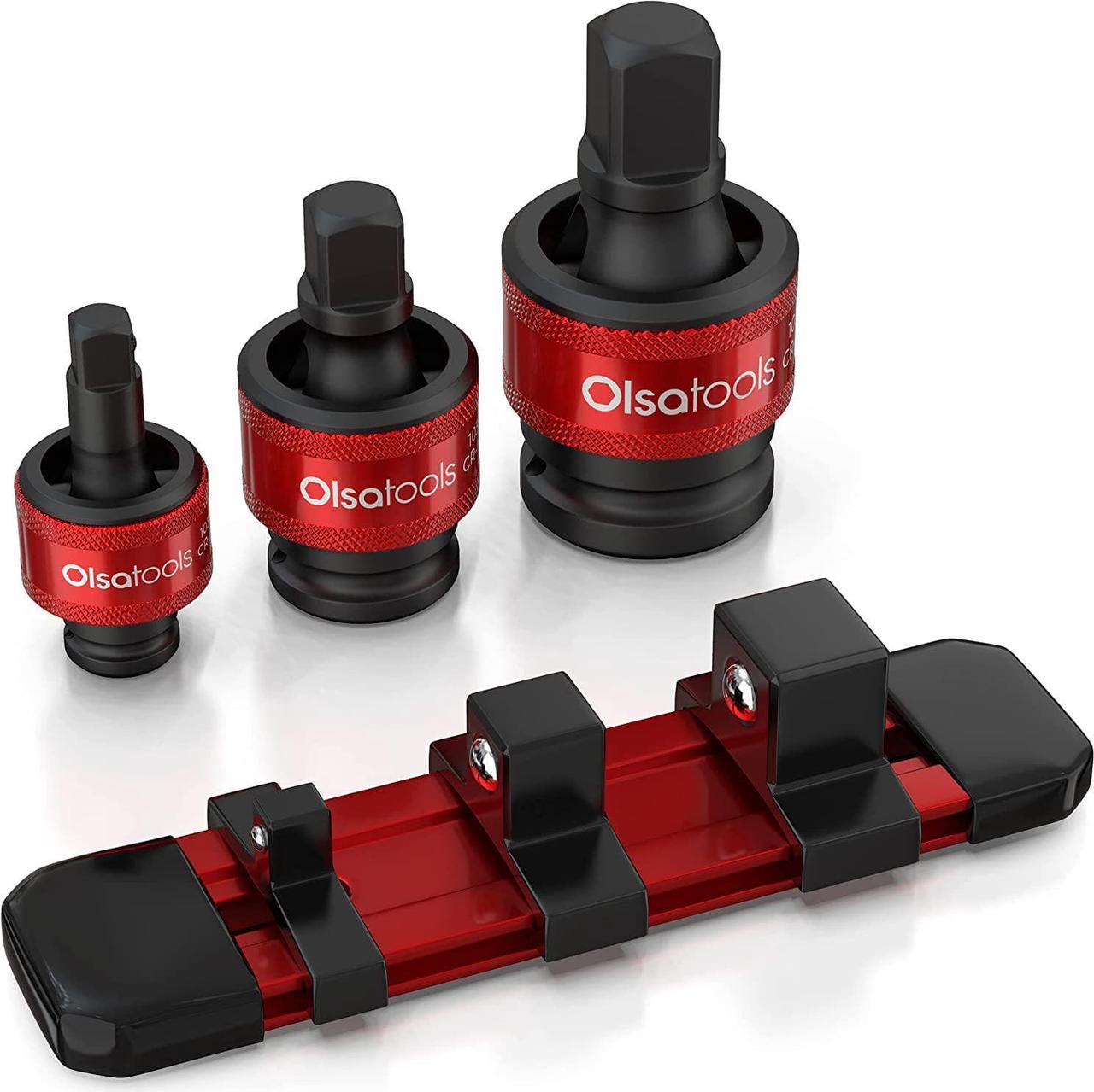 Main image of Olsa Tools Impact Universal Joint Socket Set Adapters | 3pc 1/2-Inch, 3/8-Inch & 1/4-Inch Drive U-Joints | 30° Swivel | Angle Socket | Impact Rated Cr-Mo | Professional Grade | Part: 1459