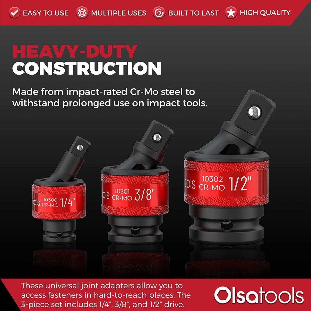 Alt view image 2 of 6 - Olsa Tools Impact Universal Joint Socket Set Adapters | 3pc 1/2-Inch, 3/8-Inch & 1/4-Inch Drive U-Joints | 30° Swivel | Angle Socket | Impact Rated Cr-Mo | Professional Grade | Part: 1459