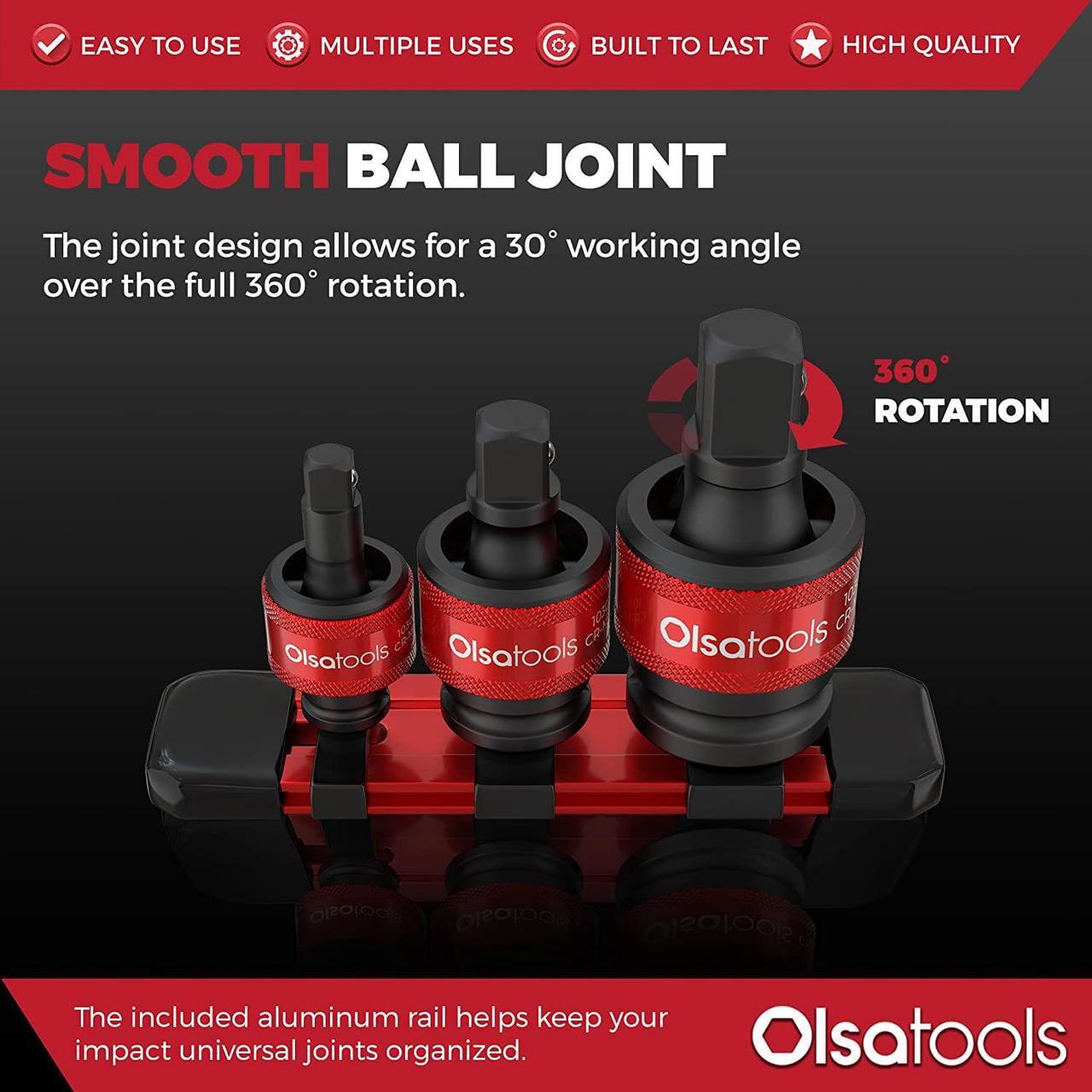Alt view image 4 of 6 - Olsa Tools Impact Universal Joint Socket Set Adapters | 3pc 1/2-Inch, 3/8-Inch & 1/4-Inch Drive U-Joints | 30° Swivel | Angle Socket | Impact Rated Cr-Mo | Professional Grade | Part: 1459