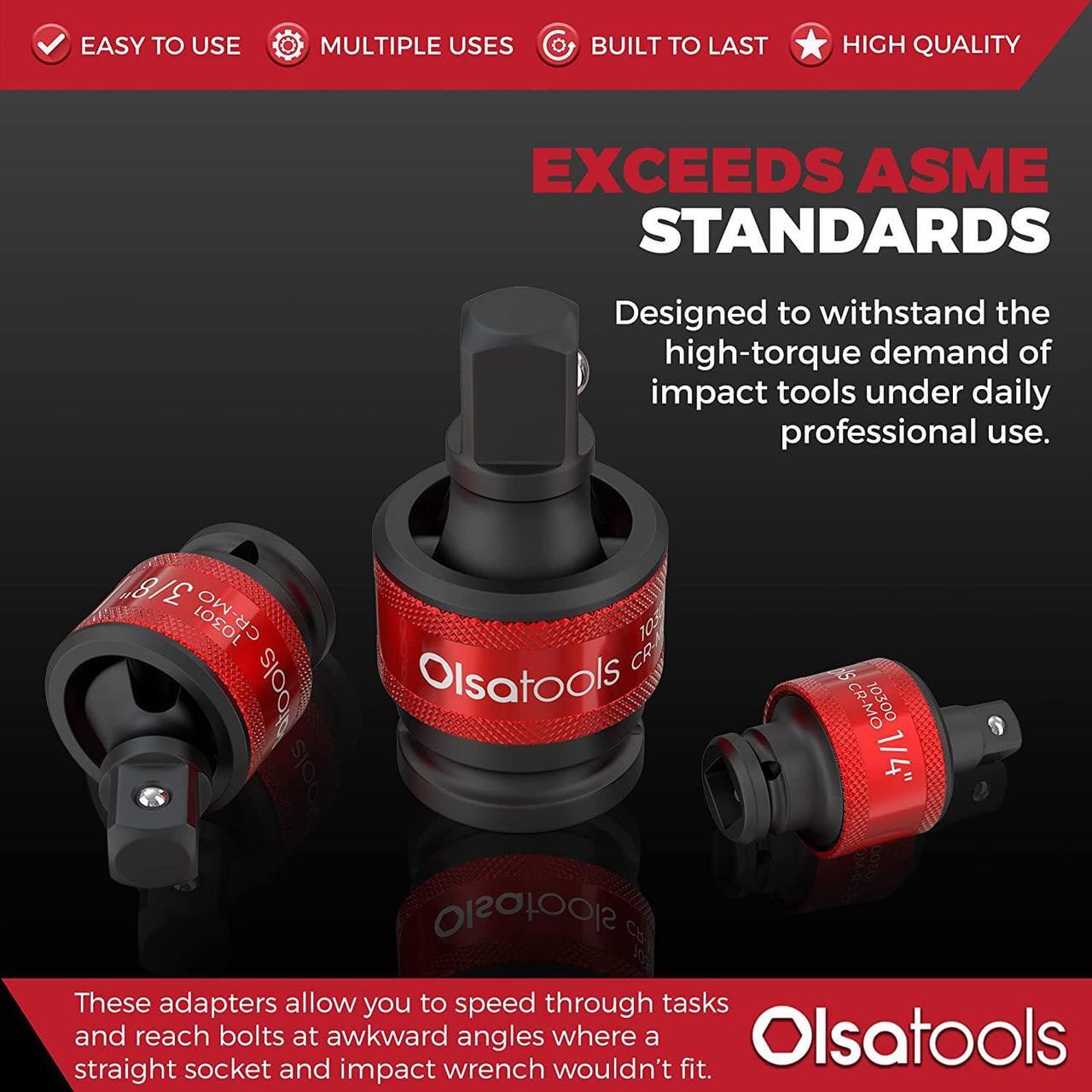 Alt view image 3 of 6 - Olsa Tools Impact Universal Joint Socket Set Adapters | 3pc 1/2-Inch, 3/8-Inch & 1/4-Inch Drive U-Joints | 30° Swivel | Angle Socket | Impact Rated Cr-Mo | Professional Grade | Part: 1459