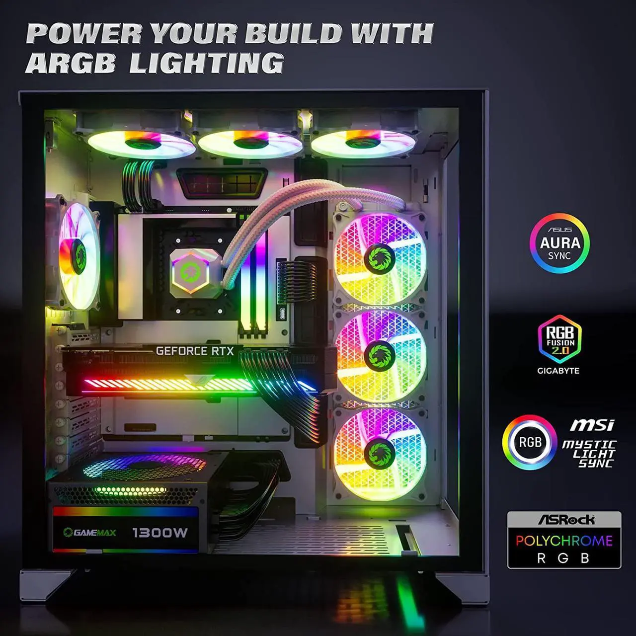 Alt view image 5 of 7 - GAMEMAX 1300W Power Supply, Fully Modular, 80+ Platinum Certified, PCIe 5.0, ARGB Aura Sync, 10 Year Warranty, RGB-1300