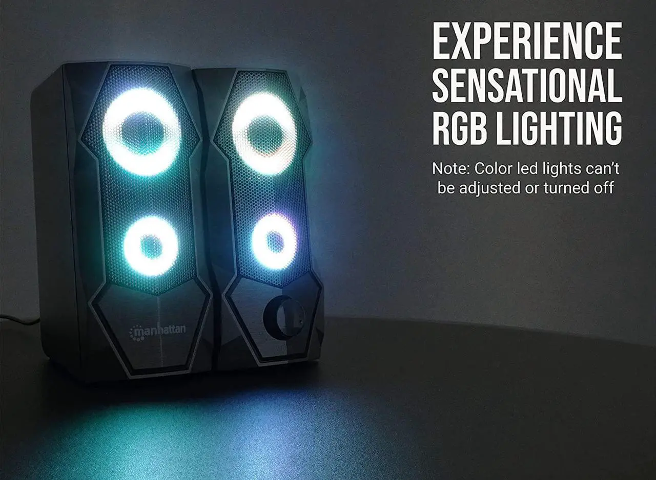 Alt view image 3 of 7 - Manhattan USB Powered RBG Gaming Speakers - with Stereo Sound, Long 6ft Cord, Colorful Lights, Volume Control & 3.5 mm Audio Plug  for Computer, Monitor, Laptop, PC, Desktop -3 Yr Mfg Warranty168359