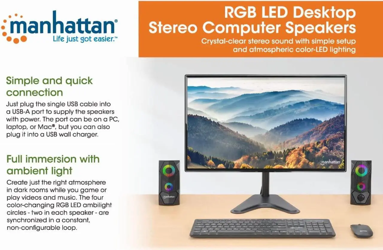 Alt view image 6 of 7 - Manhattan USB Powered RBG Gaming Speakers - with Stereo Sound, Long 6ft Cord, Colorful Lights, Volume Control & 3.5 mm Audio Plug  for Computer, Monitor, Laptop, PC, Desktop -3 Yr Mfg Warranty168359