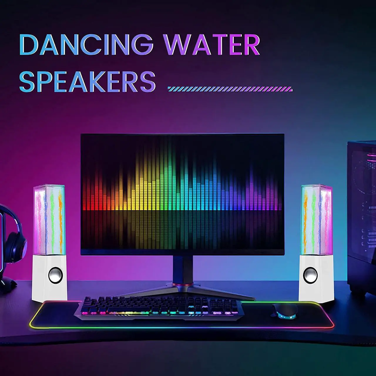 Alt view image 5 of 6 - Aoboo Led Color Computer Water Speakers with Light, USB Dancing Fountain Light Show Sound Speakers, 3.5mm Interface,Suitable for Laptop Speakers, Speakers for Desktop Computer (White)