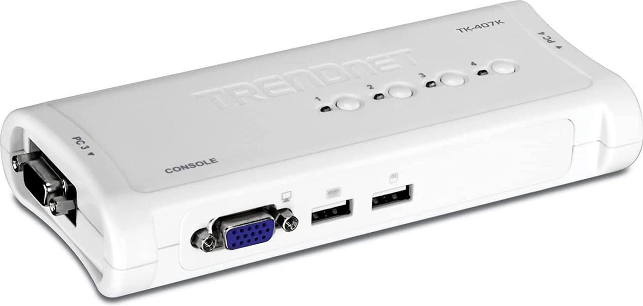 TRENDnet 4-Port USB KVM Switch Kit, VGA and USB Connections, 2048 x 1536 Resolution, Cabling Included, Control Up to 4 Computers, Compliant with Window, Linux, and Mac OS, White, TK-407K