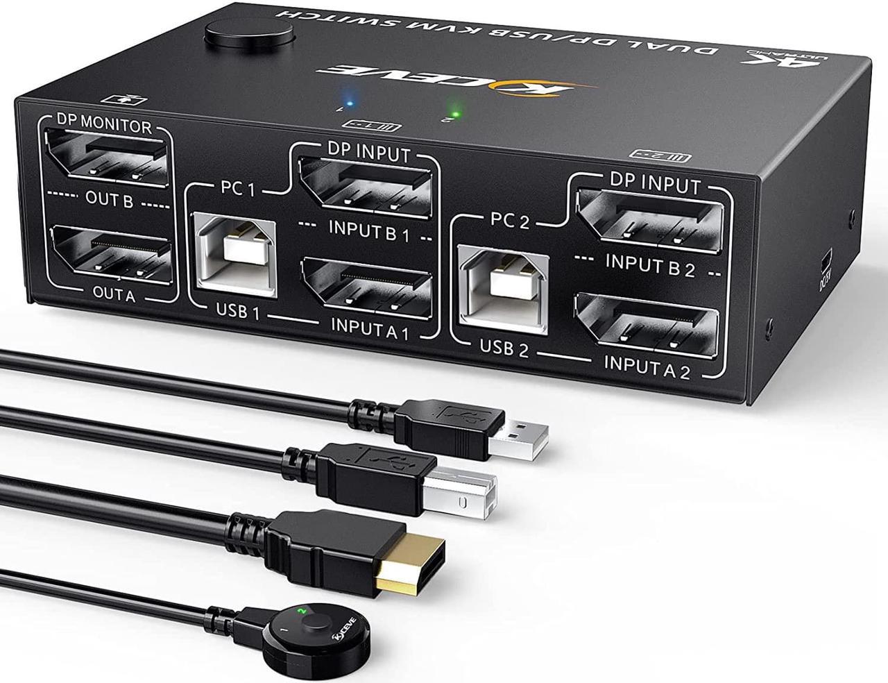 Displayport KVM Switch Dual Monitor, DisplayPort1.4 KVM 8K@30Hz 4K@144Hz 2 in 2 Out,DP Extended Display KVM Switch for 2 Computers Share 2 Monitors and 4 USB 2.0 Ports,Wired Remote and 4 Cables