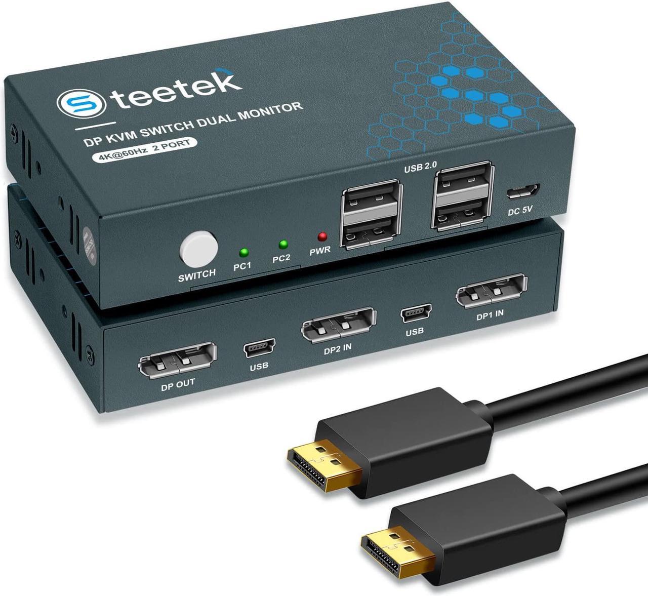 Steetek 2 Port DP USB 2.0 KVM Switch 4K@60Hz, KVM Switch Displayport 2 in 1 Out. KVM Switch for 2 Computer Share 1 Monitor with 4 USB 2.0 Hub, Button Switch, with 2 DP and 2 USB Cable