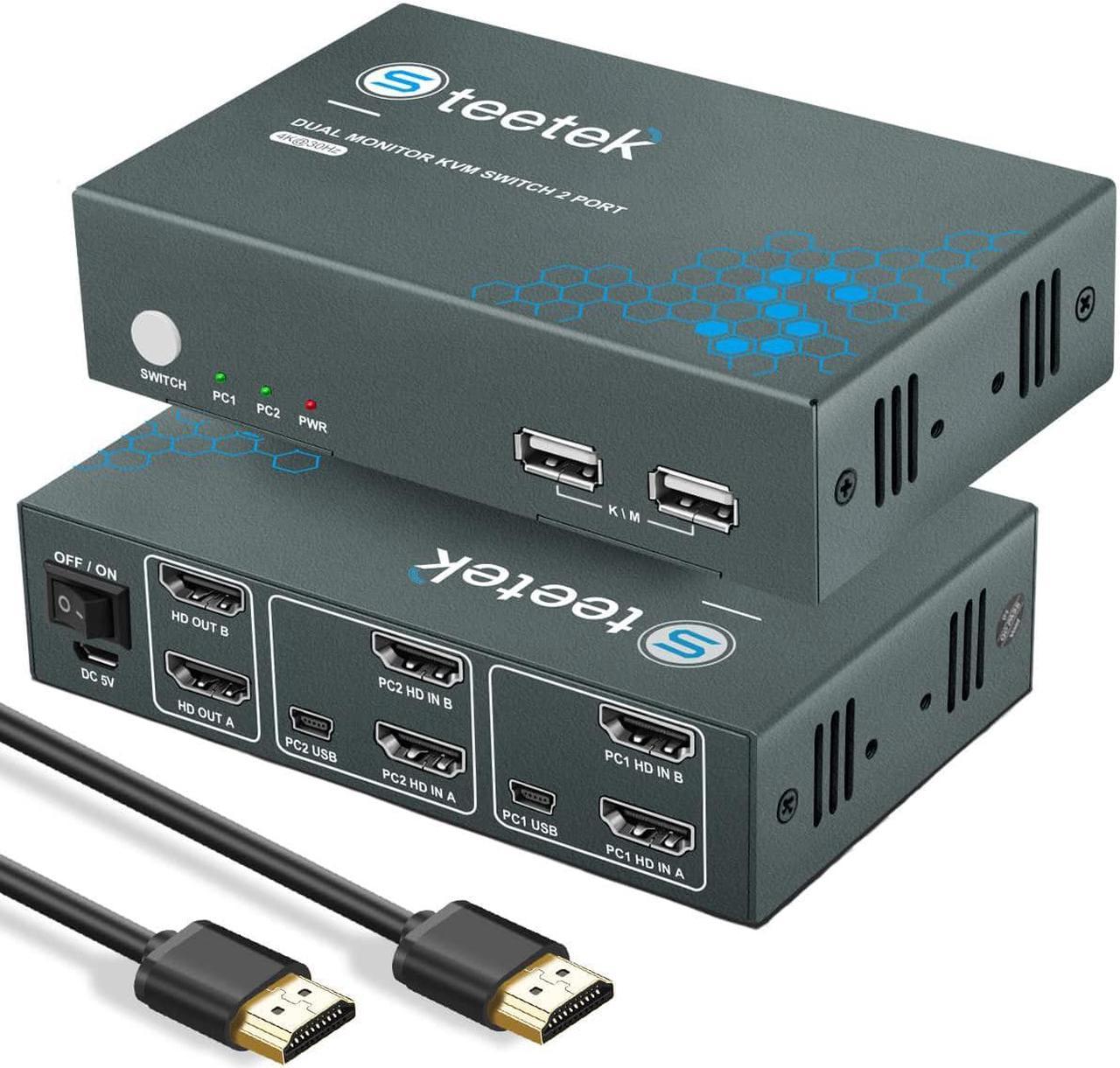 Steetek HDMI KVM Switch Dual Monitors 2 Port 4K@30Hz, KVM Switch 2 Computers 2 Monitors Extended Display, Dual Monitor KVM by Hotkey Switching. 4 HDMI and 2 USB Cables Included.