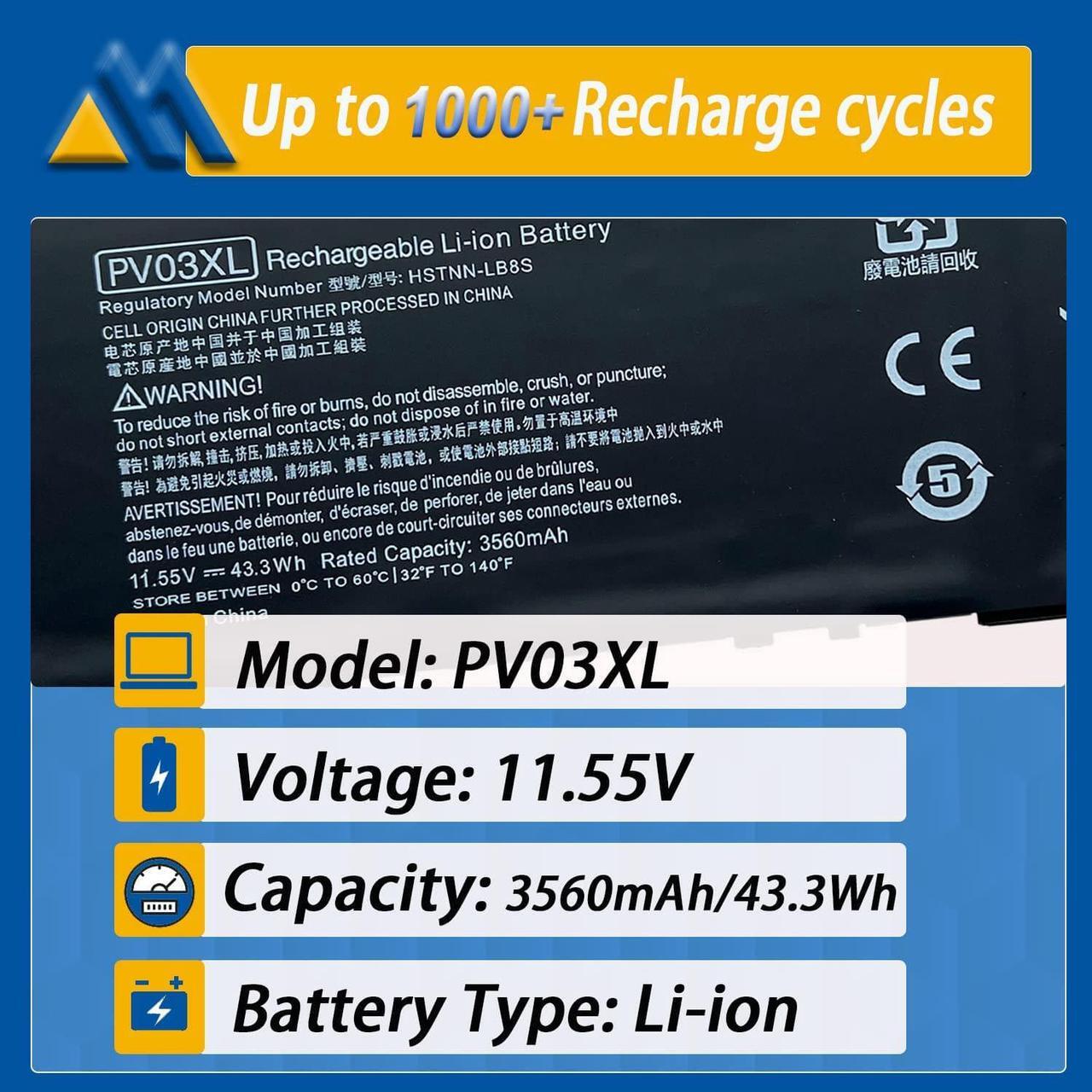 Alt view image 2 of 6 - PV03XL PP03XL Laptop Battery Replacement for HP Pavilion x360 13-BB 13-BB0000 14-DV 14-DW 14-DW000 14M-DW 14-DK 15-EH Series Notebook L83388-421 M01144-005 L83393-005 HSTNN-DB9X M01118-421 11.55V