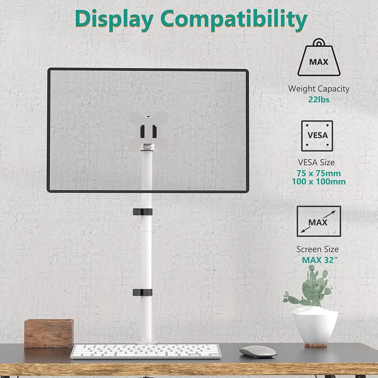 Alt view image 3 of 7 - WALI Tall Monitor Stand Desk Mount, Single Extra Tall Monitor Arm Bracket for Computer Screen up to 32 inch, 22lbs (M001XL-W), White
