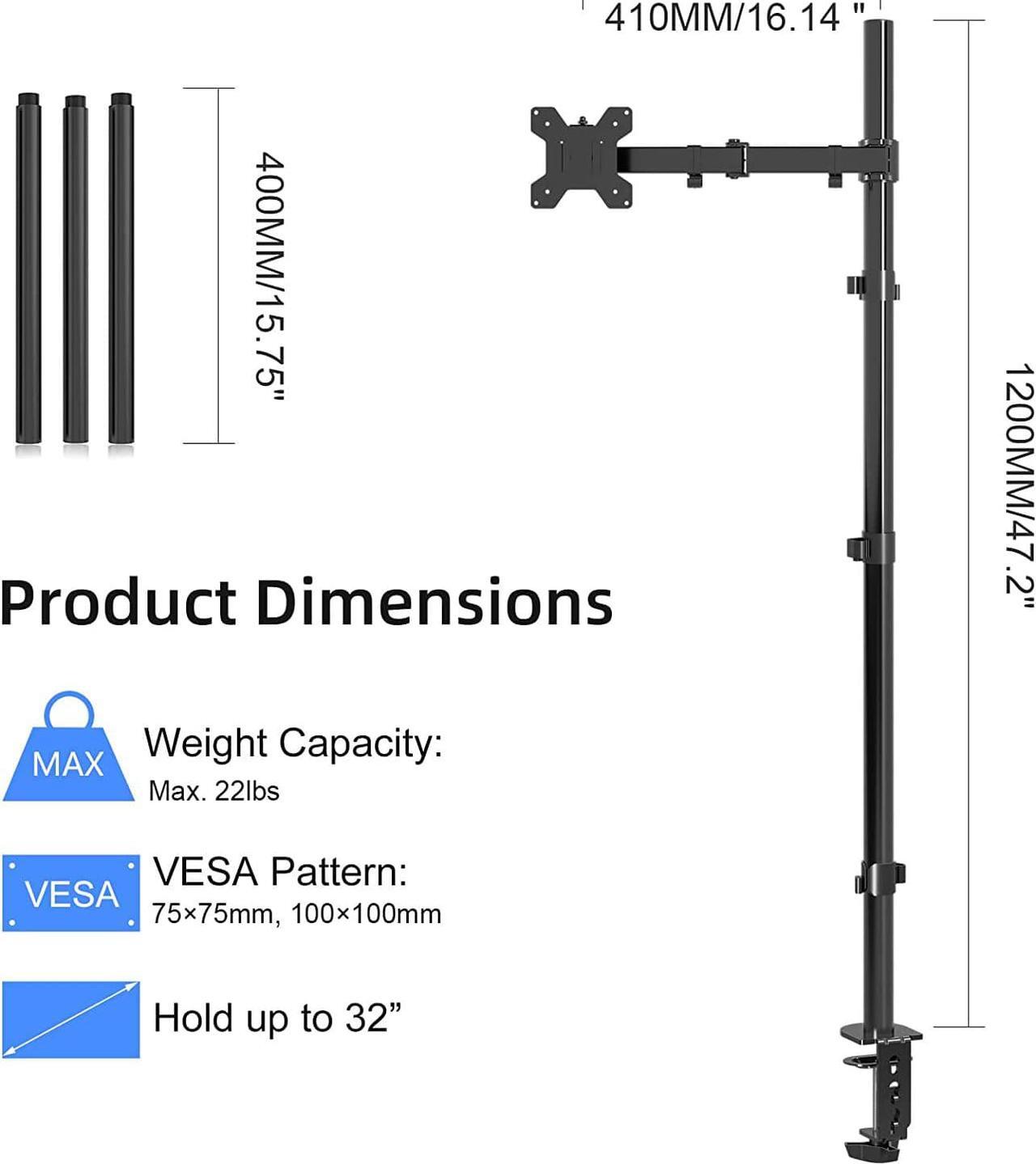 Alt view image 5 of 7 - Bracwiser Single Monitor Mount Tall 47 Pole Fully Adjustable Fits 1 Screen 13-32 inch,Ultra Wide Screen up to 38 inch Computer,up to 22lbs,VESA 75 100 (MD71221)