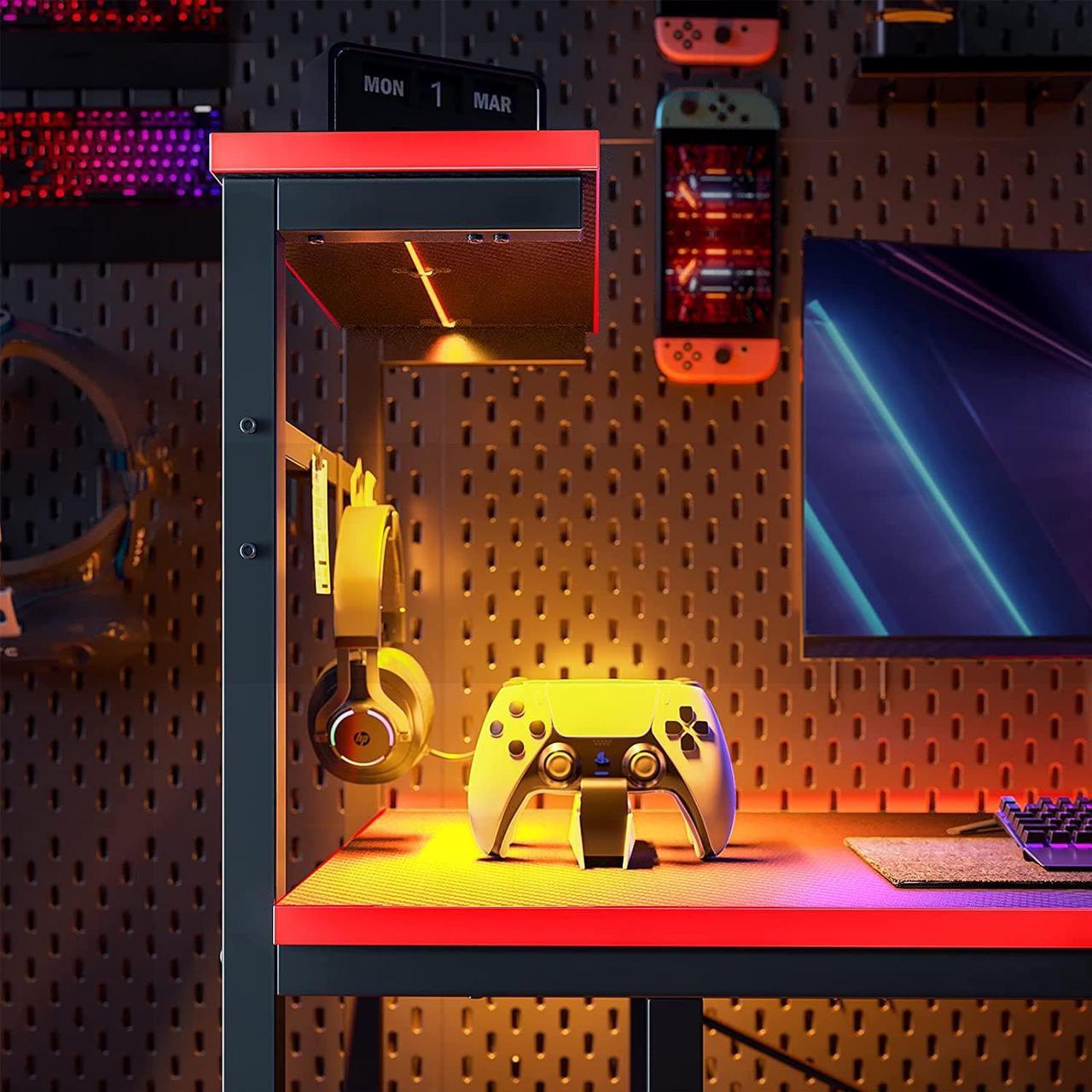 Alt view image 5 of 7 - Bestier Gaming Desk with LED Lights, 44 Inch PC Gamer Desk for Small Spaces, Computer Desk with Reversible Storage Shelves & Side Storage Bag (Black 3D Carbon Fiber)