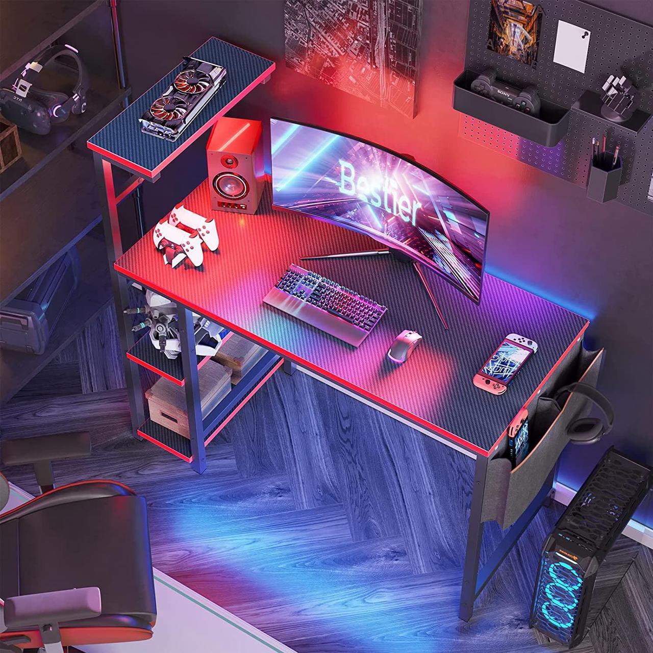 Alt view image 3 of 7 - Bestier Gaming Desk with LED Lights, 44 Inch PC Gamer Desk for Small Spaces, Computer Desk with Reversible Storage Shelves & Side Storage Bag (Black 3D Carbon Fiber)