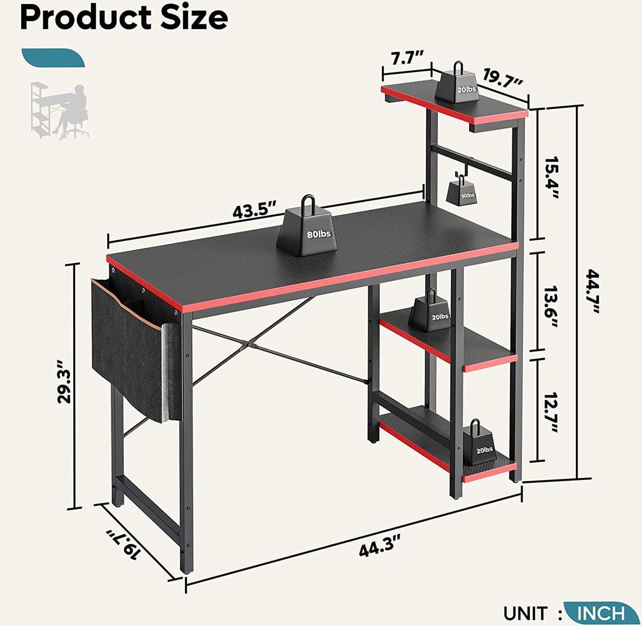 Alt view image 2 of 7 - Bestier Gaming Desk with LED Lights, 44 Inch PC Gamer Desk for Small Spaces, Computer Desk with Reversible Storage Shelves & Side Storage Bag (Black 3D Carbon Fiber)