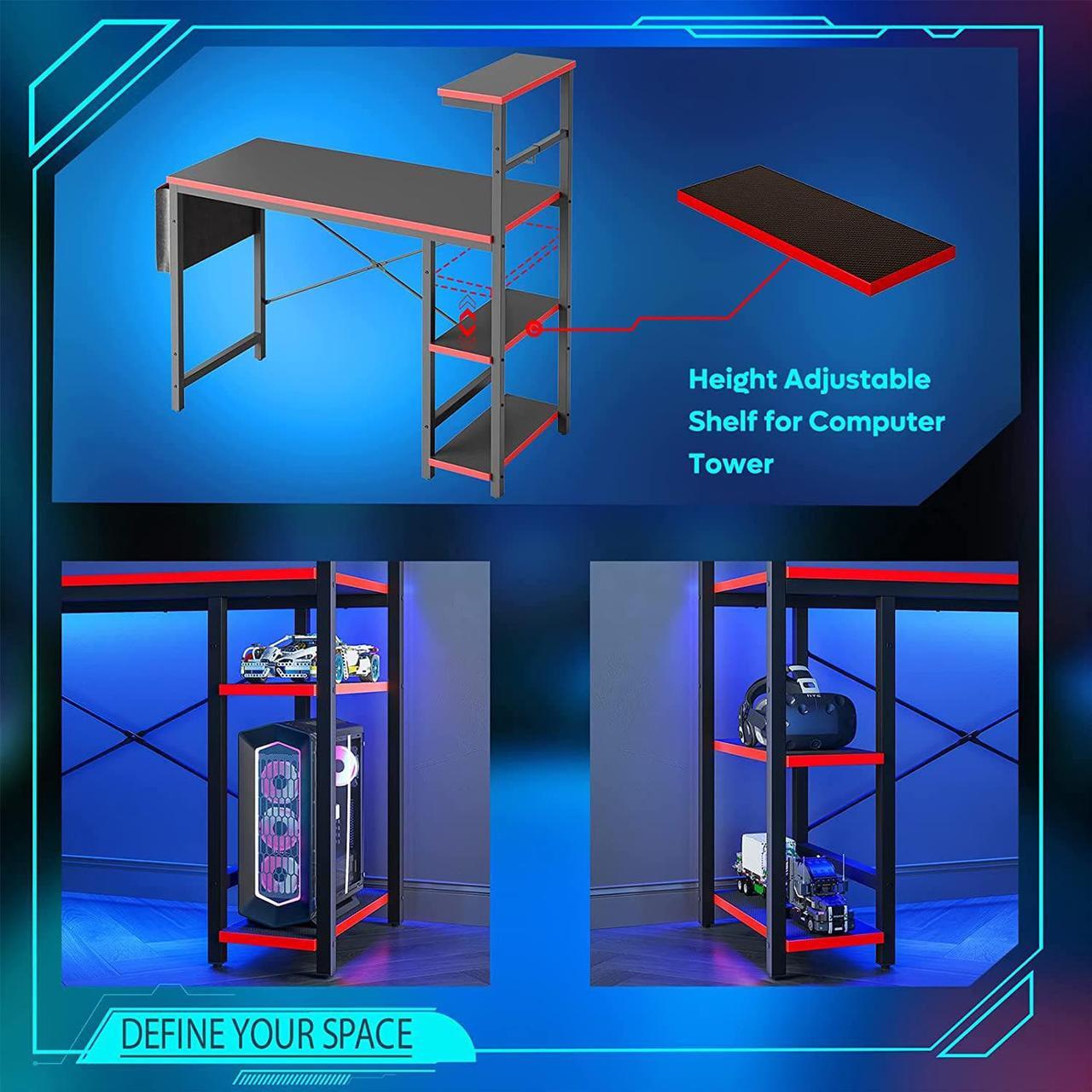 Alt view image 6 of 7 - Bestier Gaming Desk with LED Lights, 44 Inch PC Gamer Desk for Small Spaces, Computer Desk with Reversible Storage Shelves & Side Storage Bag (Black 3D Carbon Fiber)