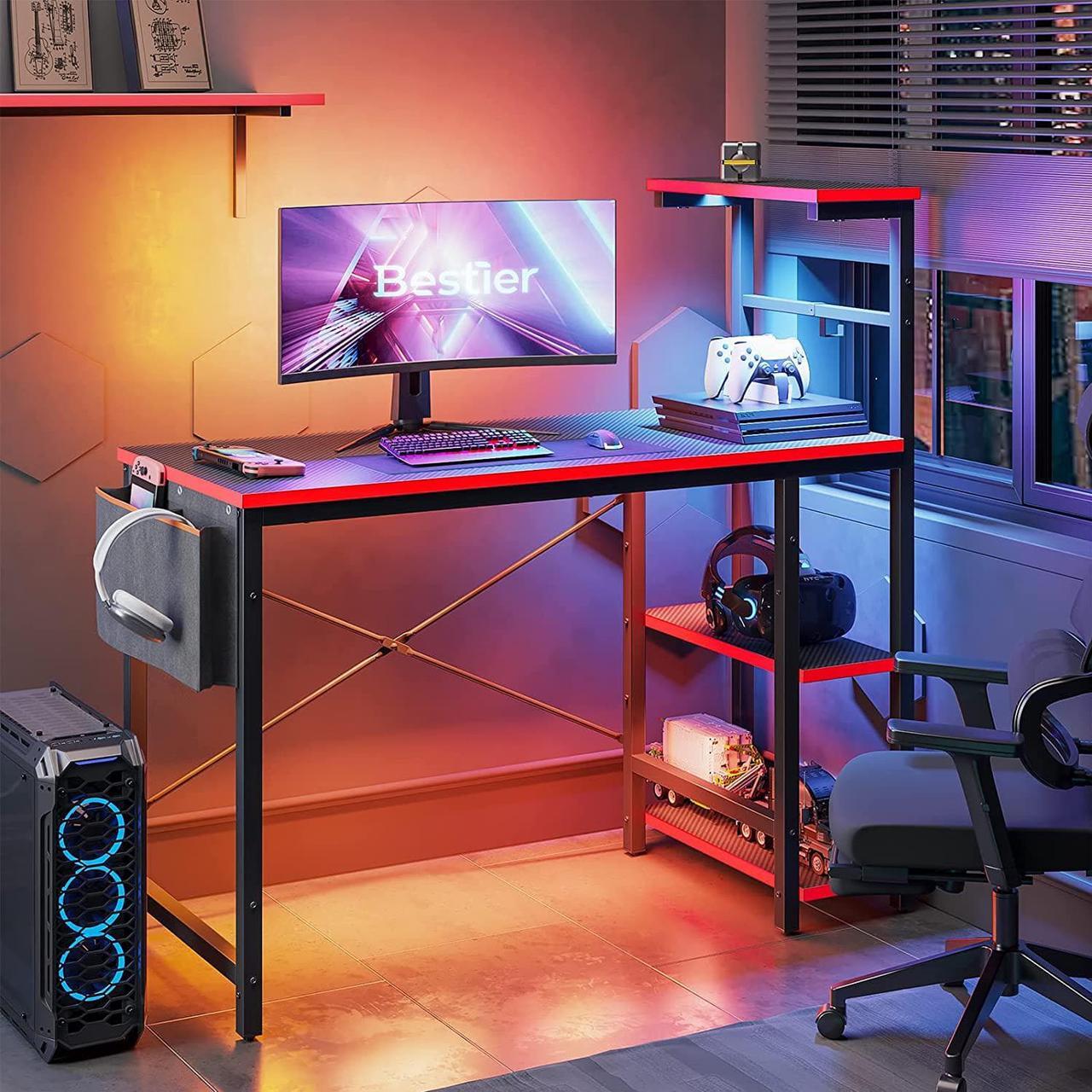 Alt view image 7 of 7 - Bestier Gaming Desk with LED Lights, 44 Inch PC Gamer Desk for Small Spaces, Computer Desk with Reversible Storage Shelves & Side Storage Bag (Black 3D Carbon Fiber)