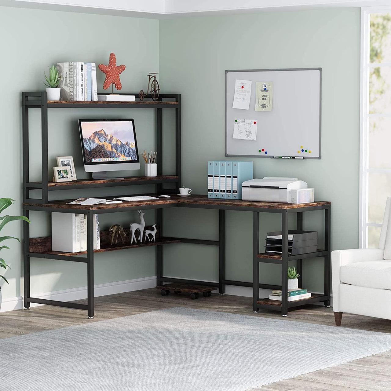 Alt view image 3 of 7 - Tribesigns L-Shaped Desk with Hutch and Storage Shelves, 59 Inch Corner Computer Office Desk Gaming Table Workstation with Bookshelf and Monitor Stand for Home Office (Rustic Brown)