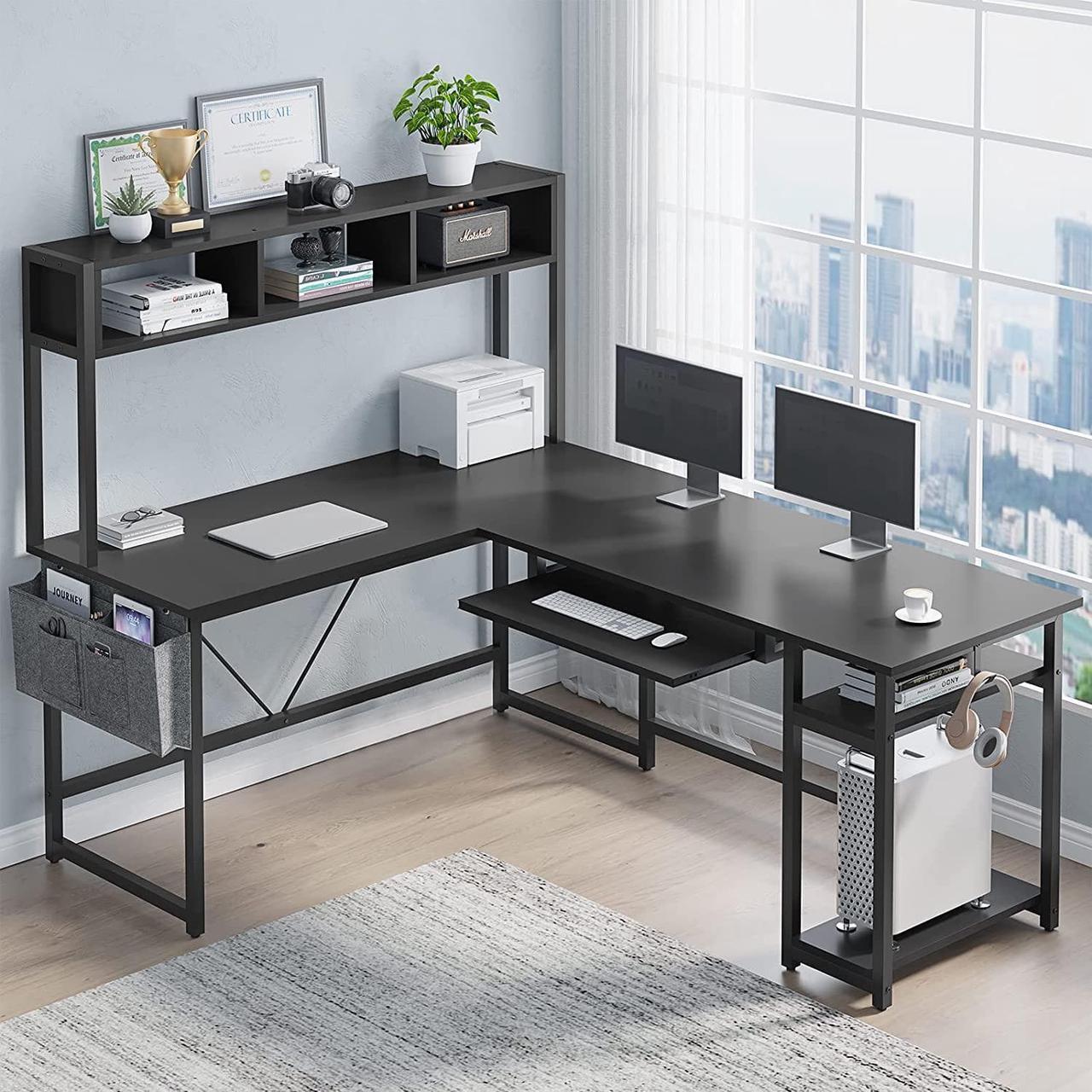 Alt view image 2 of 7 - SEDETA L Shaped Gaming Desk, Reversible 94.5 Computer Desk, Gaming Desk with Led Lights, Keyboard Tray and Storage Bag for Home Office, Black