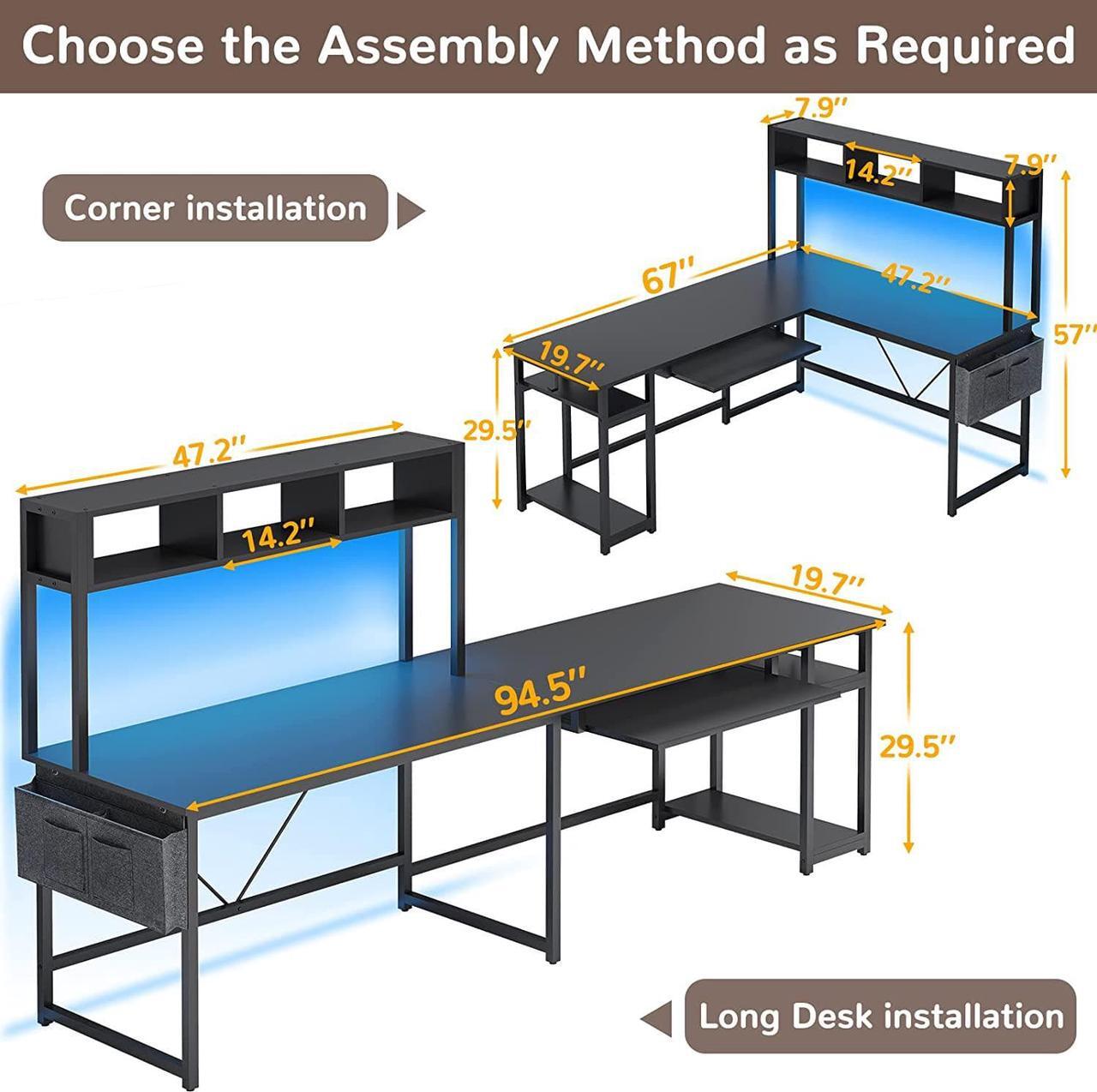 Alt view image 3 of 7 - SEDETA L Shaped Gaming Desk, Reversible 94.5 Computer Desk, Gaming Desk with Led Lights, Keyboard Tray and Storage Bag for Home Office, Black