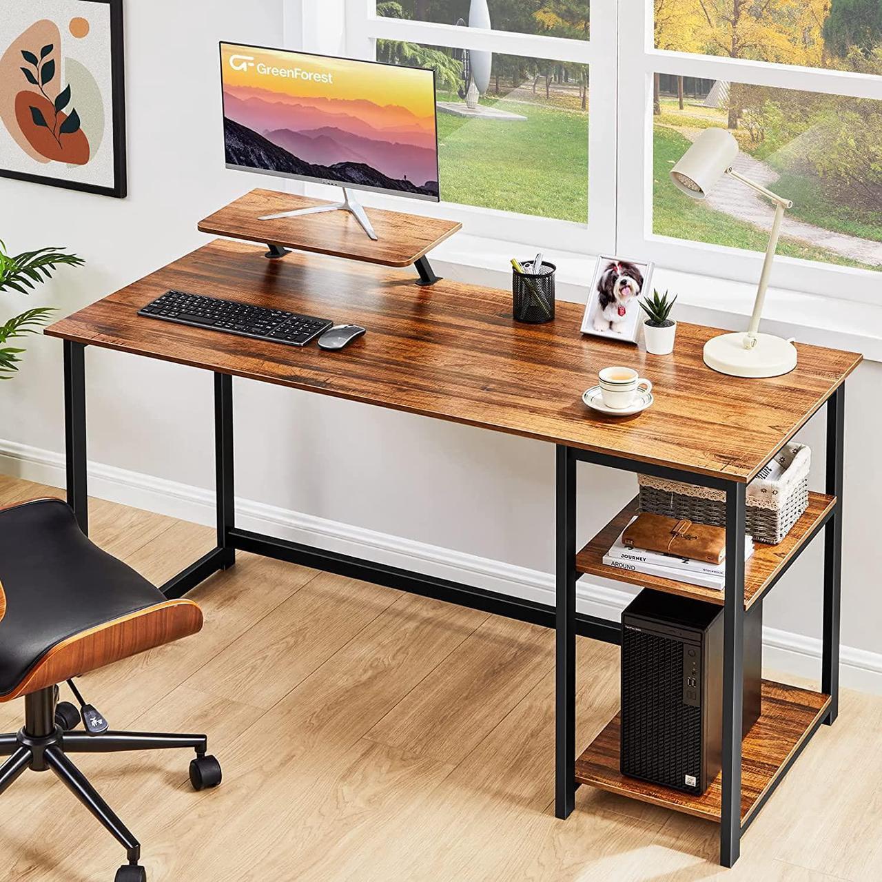 Alt view image 2 of 7 - GreenForest Computer Desk with Monitor Stand,47 inch Home Office Desk with Reversible Storage Shelves Modern Writing Study Work Table,Easy Assembly,Walnut