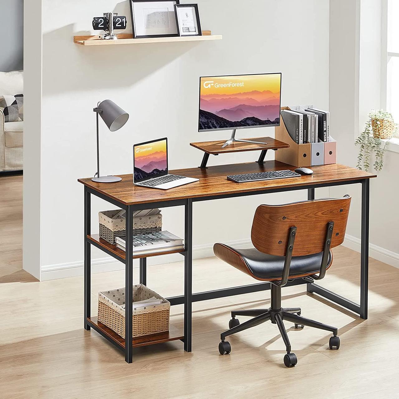 Alt view image 7 of 7 - GreenForest Computer Desk with Monitor Stand,47 inch Home Office Desk with Reversible Storage Shelves Modern Writing Study Work Table,Easy Assembly,Walnut