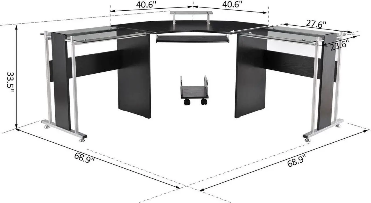 Alt view image 3 of 7 - HOMCOM 69" Modern L-Shaped Tempered Glass Office Computer Desk with Elevated Monitor Stand, Rolling CPU Holder, Pull Out Keyboard Tray and Steel Frame, Black