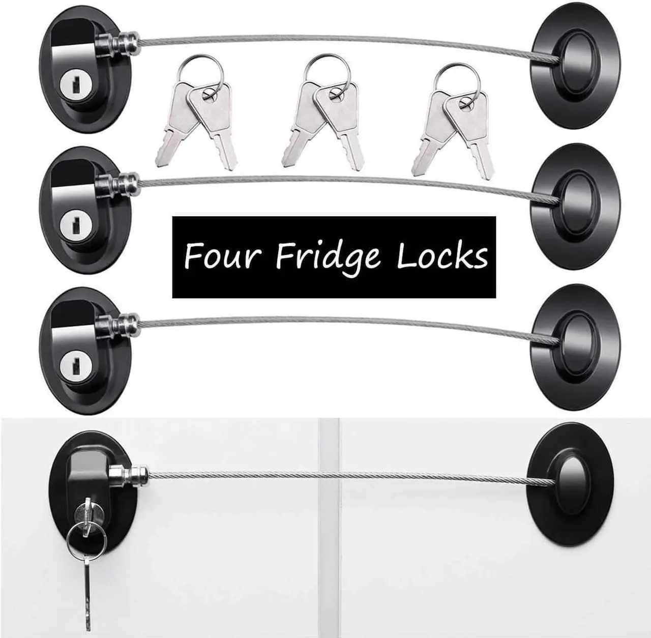 Main image of 4 Pack Refrigerator Locks with 8 Keys,Child Safety Fridge Lock,Refrigerator Lock Combination,Mini Fridge Lock, File Drawer Lock,Toilet Seat Lock with Strong Adhesive (Black)