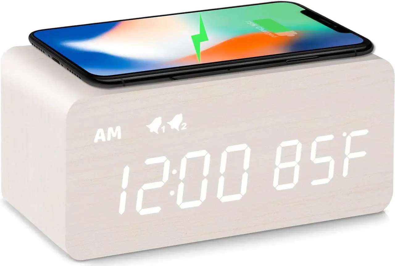 Main image of MOSITO Digital Wooden Alarm Clock with Wireless Charging, 0-100% Dimmer, Dual Alarm, Weekday/Weekend Mode, Snooze, Wood LED Clocks for Bedroom, Bedside, Desk, Kids (White)