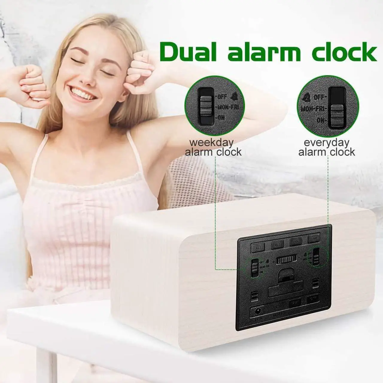Alt view image 4 of 6 - MOSITO Digital Wooden Alarm Clock with Wireless Charging, 0-100% Dimmer, Dual Alarm, Weekday/Weekend Mode, Snooze, Wood LED Clocks for Bedroom, Bedside, Desk, Kids (White)