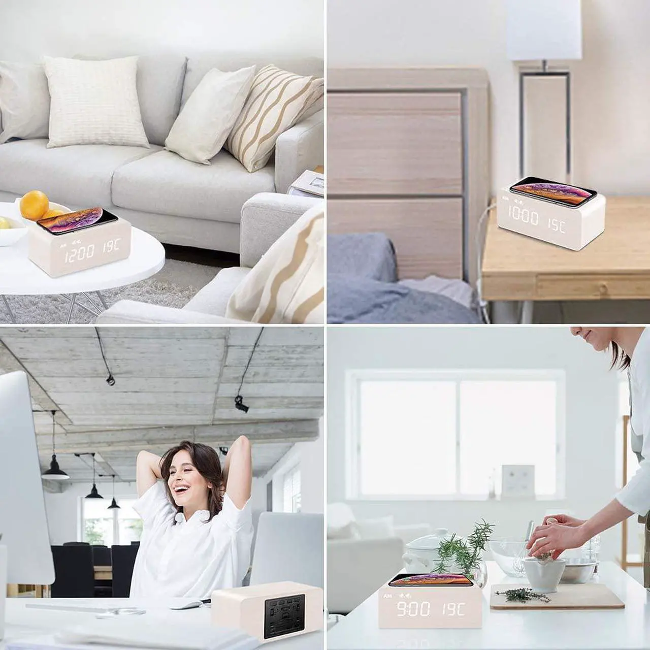Alt view image 6 of 6 - MOSITO Digital Wooden Alarm Clock with Wireless Charging, 0-100% Dimmer, Dual Alarm, Weekday/Weekend Mode, Snooze, Wood LED Clocks for Bedroom, Bedside, Desk, Kids (White)